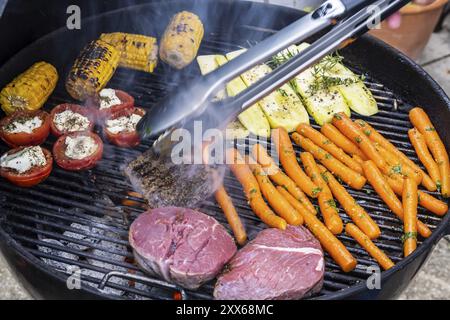 Ob vegetarisch oder mit Fleisch: Grillgerichte sind im Trend. Gemüse wie Karotten, Tomaten und Zucchini sowie Steaks auf einem Wasserkocher Grill. Keim Stockfoto