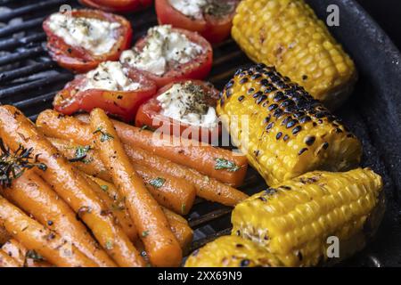 Sie können auch vegetarische Speisen ohne Fleisch grillen. Gemüse wie Karotten, Tomaten und Zuckermais auf einem Wasserkocher Grill. Deutschland Stockfoto