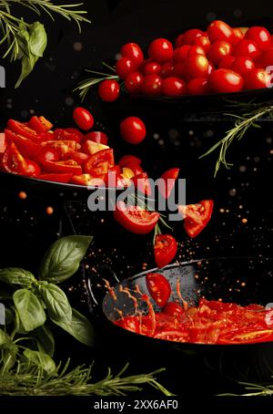 Fliegende Tomaten, ganz und in Scheiben geschnitten, Spritzer-Effekt in Tomatensauce umgeben von Basilikum und Rosmarin, schwarzer Hintergrund Stockfoto