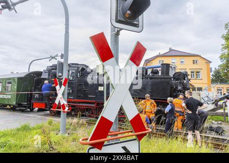 Es kam zu einem schweren Unfall zwischen einem Zug auf der Weisseritztalbahn und einem Lastwagen aus dem Landkreis Mittelsachsen am Bahnübergang ju Stockfoto