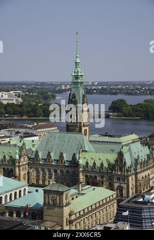 Europa, Deutschland, Hamburg, Stadt, Blick von oben auf Rathaus, innere und äußere Alster See, Europa Stockfoto