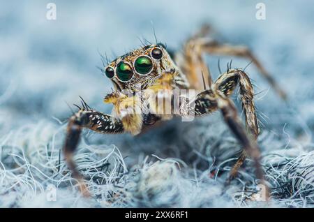 Nahaufnahme einer springenden Spinne, die auf Teppich steht, Makrofoto von Insekten. Stockfoto