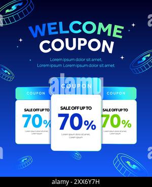 Begrüßungsgutscheine mit prozentualem Rabatt und Gutscheincode, isoliert auf blauem Hintergrund mit Münzmuster. Banner für Sonderrabatte. 3D-Coupon-Banner. Vektorabbildung. Vektorabbildung Stock Vektor