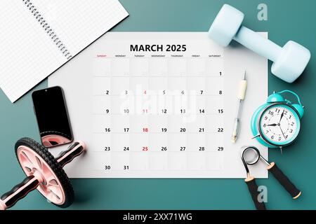 Kalender 2025: Monatsvorlage für den März für Corporate Design mit Sportausrüstung und Telefon Stockfoto
