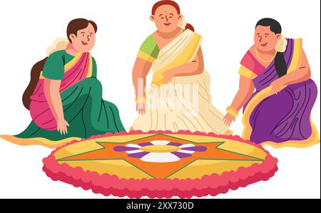 Frauen, die Rangoli-Design für Onam-Festival machen, isoliert Stock Vektor