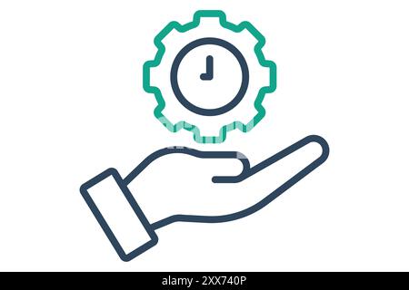Symbol Zeitverwaltung. Liniensymbolstil. Hand mit Zahnrad und Uhr. Symbol für Effizienz. Vektorillustration für Produktivitätselemente Stock Vektor