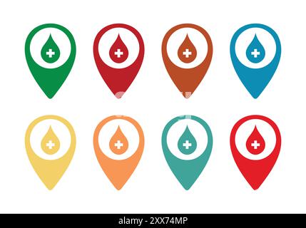 Symbolgruppe für Krankenhaus- oder Apothekenstandort. Pin mit Kreuz abbilden. Plus PIN Map Symbolsatz. Krankenhaus, Standort der Klinik. Kartenzeiger-Symbol. Markierungen zuordnen. Stock Vektor