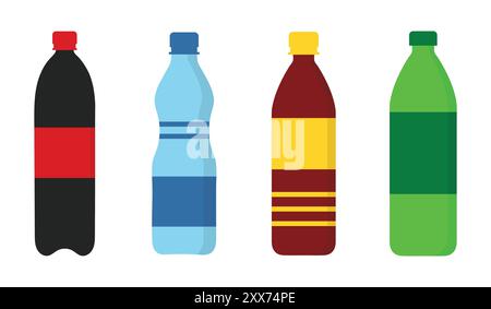 Limonade, Wasser und Saft oder Teeflaschen. Verschiedene Farben für Flaschensymbole. Naturgetränke im flachen Stil. Verpackungsset für Kunststoffflaschen. Vektorsymbol. Stock Vektor