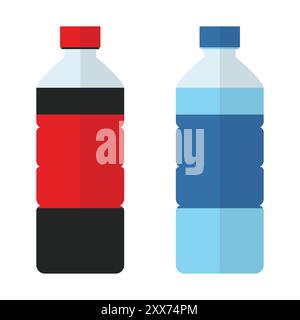 Vektorsymbol für die Wasserflasche. Set aus Süßwasser-Plastikflasche Limonade, Zitrone und Wasser. Getränke in Flaschen. Symbolset aus Kunststoff-Getränkeflaschen. Stock Vektor