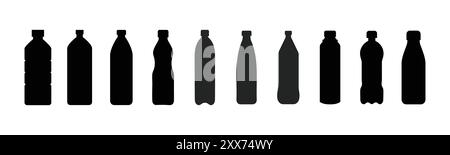 Silhouette-Symbolsatz für Kunststoffflaschen. Wasserflaschenset. Sammlung von Kunststoffflaschen. Vektorabbildung. Schwarze einfache Abbildung eines hohen Behälters. Stock Vektor