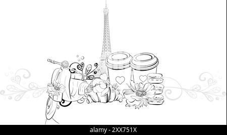 Vektor-Grenze Eiffelturm und Roller Illustration. Vintage-Motorrad im romantischen Stil. Paris Travel Love Holiday. Schwarze Silhouette für Schaltkreis Stock Vektor