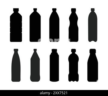 Silhouette Wasserflasche Symbolsatz. Sammlung von Kunststoffflaschen. Silhouette-Symbolsatz für Kunststoffflaschen. Schwarze einfache Abbildung eines hohen Wasserbehälters Stock Vektor