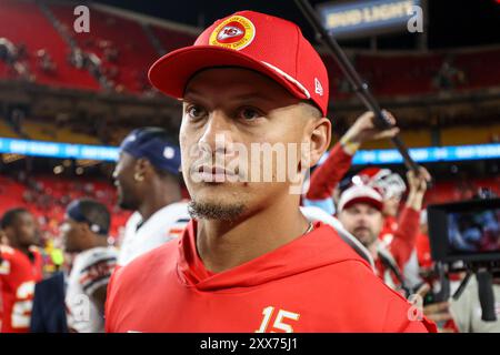 22. August 2024: Der Quarterback der Kansas City Chiefs Patrick Mahomes (15) nach dem Spiel gegen die Chicago Bears im GEHA Field im Arrowhead Stadium in Kansas City, MO. David Smith/CSM Stockfoto