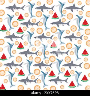 Niedlicher Wal, Hai mit Früchten als Hintergrund Stock Vektor