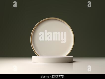 Luxuriöse 3D-Produktanzeige Weißer zylindrischer Sockel und kreisförmiges Podium mit Goldrand vor tiefgrünem Hintergrund, modernes elegantes Design für Showca Stock Vektor