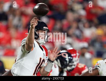 Chicago Bears Quarterback Austin Reed (16) hat am Donnerstag, den 22. August 2024, im Arrowhead Stadium in Kansas City, Missouri einen Screenpass im letzten Spiel der Saison. Foto: Jon Robichaud/UPI Stockfoto