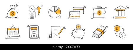 Money Finance Doodle Hand gezeichnetes Symbol Set. Finanzgeschäft, Geld, Bankskizze gezeichnet süße trendige Doodle-Ikone. Business Bank Sketch Rechner, erhöhen Sie die wirtschaftlichen Ziele Elemente. Vektorabbildung Stock Vektor