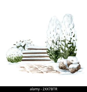 Treppen unter dem Schnee im Winterpark. , Handgezeichnete Aquarellillustration isoliert auf weißem Hintergrund Stockfoto