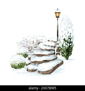 Treppen unter dem Schnee im Winterpark. Handgezeichnete Aquarellillustration isoliert auf weißem Hintergrund Stockfoto