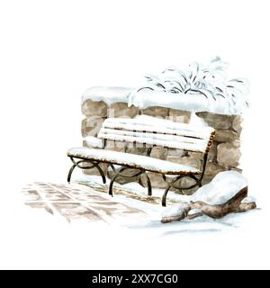 Bank unter dem Schnee im städtischen Winterpark. Handgezeichnete Aquarellillustration, isoliert auf weißem Hintergrund Stockfoto