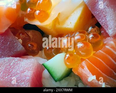 Chirashi Sushi don, gemischter Reis mit Meeresfrüchten, garniert mit rohem Fisch, japanischem gedämpftem Reis, Lachs, Maguro und Tamago, Lachsrogen, Tintenfisch, Zucchini, Stockfoto