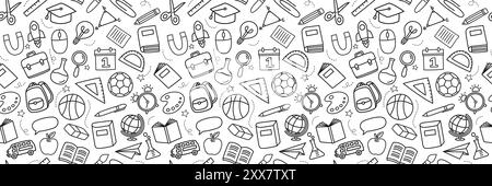 Back to School Hintergrund mit nahtlosem Muster im Doodle-Stil. Ausbildung handgezeichnete Objekte und Symbole mit dünner Linie. Stock Vektor