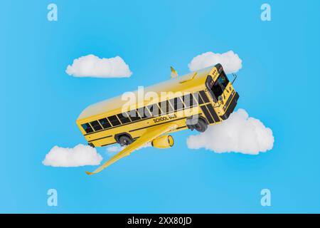 Gelber Schulbus fliegt auf blauem Himmel mit Flugzeugflügeln, symbolisiert zurück zur Schule und Bildung. 3D-Rendering Stockfoto