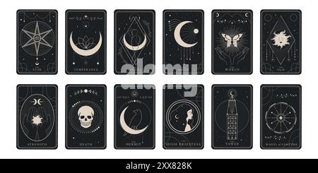 Magische Tarotkarten Design Set mit großen Arcana-Symbolen. Tarot-Symbolismus. Rätsel, Astrologie, Alchemie. Vektorabbildung Stock Vektor