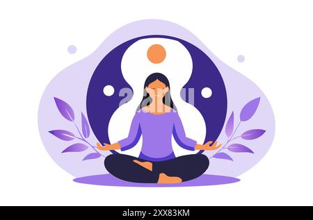 Eine friedliche Vektor-Illustration einer Frau, die in einer Lotuspose meditiert, umgeben von dem Yin-Yang-Symbol und Blättern. Ideal für Designs im Zusammenhang mit Yoga, Balance und Achtsamkeit. Stock Vektor