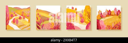 Poster mit Herbstpark, handgezeichnet. Rote Pflanzen, Bäume und buntes Herbstlaub. Drucken auf Druck, Notizbuch oder Bucheinband. Postkarte, Poster oder Hintergrundbild. Vektor Stock Vektor