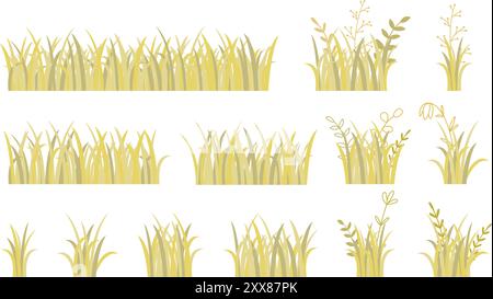 Herbst verwelktes Gras mit wilden Blumen und Kräutern gesetzt. Gelber Herbstrasen, Grasrand. Trockener Rasen mit gelblichen Gräsern und Wildblumen, Vektorgrafik Stock Vektor