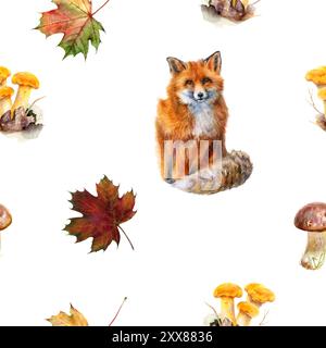 Aquarellfarben nahtloses Herbst-Wildlife-Muster mit einem bezaubernden Fuchs und verschiedenen bunten Pilzen Stockfoto
