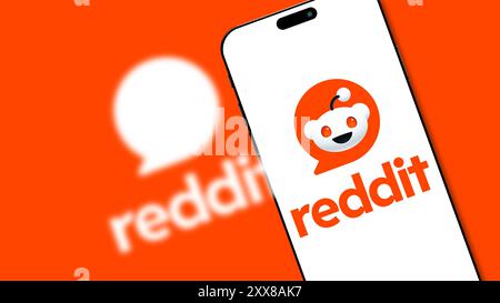 Istanbul, Türkei – 20. August 2024: Reddit-Logo wird auf einem Smartphone-Bildschirm angezeigt. Reddit ist eine Social-Media-Plattform, auf der Benutzer erstellen und daran teilnehmen können Stockfoto