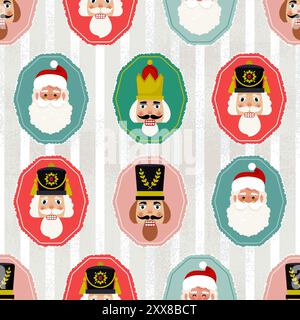 Nahtloses Weihnachtsmuster mit Nussknacker-Soldat- und Weihnachtsmann-Porträts. Vektorabbildung in abgewickelter Form Stock Vektor