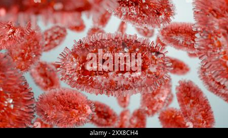 Affenpockeninfektion Pandemie. Affenpockenzelle, Symptome oder Vorsichtsmaßnahmen, Variante der Pocken, mutiertes Fieber Affe, Virus Bedrohung für die menschliche Gesundheit, 3d ren Stockfoto