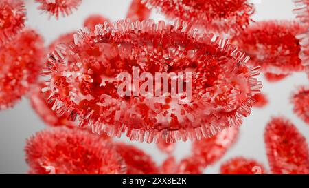 Affenpockeninfektion Pandemie. Affenpockenzelle, Symptome oder Vorsichtsmaßnahmen, Variante der Pocken, mutiertes Fieber Affe, Virus Bedrohung für die menschliche Gesundheit, 3d ren Stockfoto