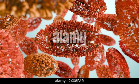 Affenpockeninfektion Pandemie. Affenpockenzelle, Symptome oder Vorsichtsmaßnahmen, Variante der Pocken, mutiertes Fieber Affe, Virus Bedrohung für die menschliche Gesundheit, 3d ren Stockfoto