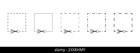 Hier ausschneiden. Schwarze Schere schneiden. Satz von quadratischen Formen auf weißem Hintergrund. Einfache Vektorillustration. Gutschein oder Rabatt für Scherschneidpapier Stock Vektor