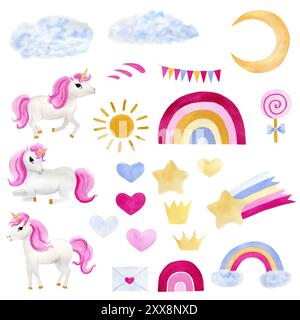 Magische Elemente für Kinder - Einhorn, Regenbogen, Umschlag, Stern, Wolke, Mond, Sonne, Herz, Fahnen, handgezeichnetes Aquarell isolierte Illustrationen auf einem weiß Stockfoto