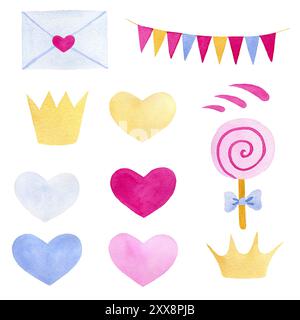 Magische Elemente für Kinder - Umschlag, Stern, Herz, Fahnen, Tropfen, Süßigkeiten, handgezeichnete Aquarelle, isolierte Illustrationen auf weißem Hintergrund. Für postca Stockfoto