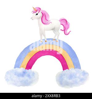 Magische Illustration für Kinder - Einhorn mit rosa Haaren auf dem Regenbogen. Handgezeichnete Aquarelle isolierte Illustrationen auf weißem Hintergrund. Fo Stockfoto