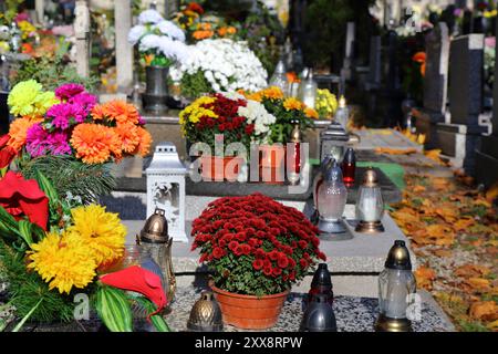 Geschmückte Gräber auf einem Friedhof am Allerheiligen (Wszystkich Swietych) in Polen. Stockfoto