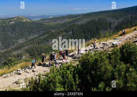 TATRA, POLEN - 9. SEPTEMBER 2023: Touristen wandern den blauen Weg entlang Krolowa Rowien zum Tal Dolina Gasienicowa im Tatrzanski Park Narodow Stockfoto