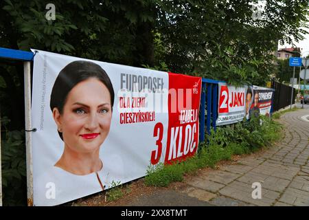 CIESZYN, POLEN – 30. MAI 2024: Wahlplakate von Prawo i Sprawiedliwosc, Kandidat für die Europawahlen 2024 in Polen. Stockfoto