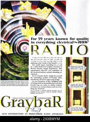 1928 Graybar Radiowerbung – „seit 59 Jahren bekannt für Qualität in allem elektrischen Bereich – jetzt Radio“ Stockfoto