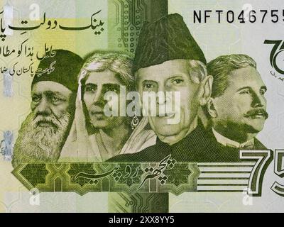 Porträts von Muhammad Ali Jinnah, Muhammad Iqbal, Fatima Jinnah, Syed Ahmad Khan aus der pakistanischen 75 Rupien Banknote zum 75. Jahrestag (grüne Farbe). Stockfoto