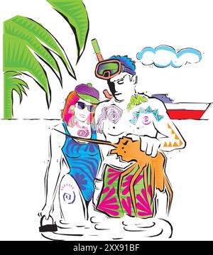 Pärchen stehen im Wasser am tropischen Strand mit Palmen und Sonnenschirm auf Sand 3D isometrischer isolierter Vektor Stock Vektor