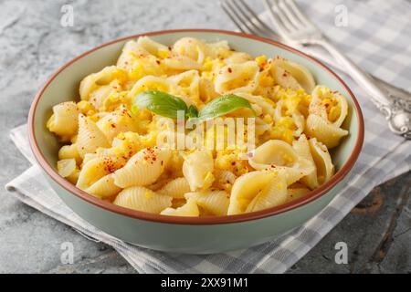 Conchiglie Pasta in cremiger Maissoße in der Schüssel auf dem Tisch. Horizontal Stockfoto