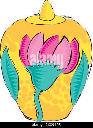 Ein Haufen roter Rosen in der bunten dekorativen Vase-flachen Vektor-Illustration Stock Vektor
