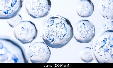 Moleküle oder Atome, Molekülstruktur, biochemisch. Chemische Formel, Flüssigkeitsströmung. Wasser flüssige Blasen, Atome schwebend, Hautpflege Kosmetik, Vitamin Stockfoto